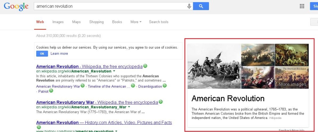 Search results from Google UK for "american revolution" showing the Knowledge Graph