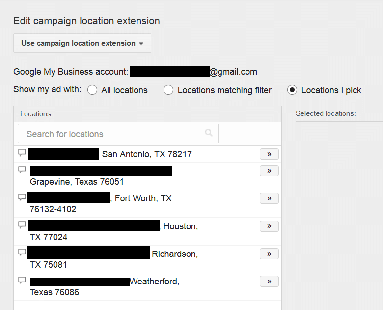 select a location extension from google my business in adwords