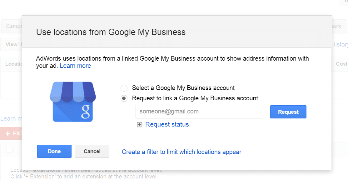 request access to a Google My Business account