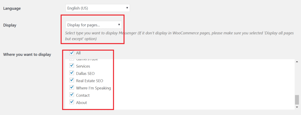 facebook messenger for wordpress pages selection