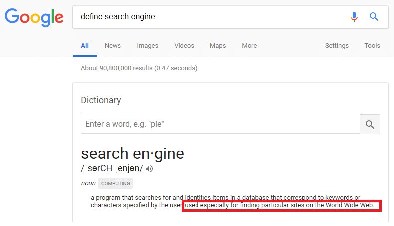 google defines the term search engine