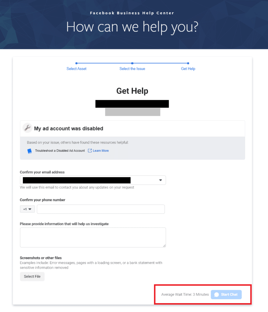 facebook business chat support get help form screenshot
