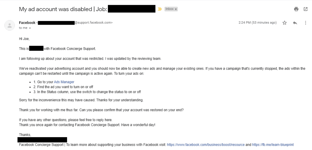 email from facebook about ads manageraccount being re-enabled