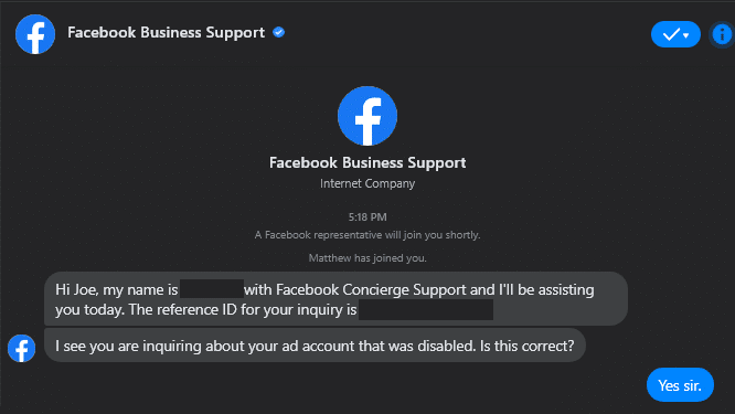 Facebook business support chat