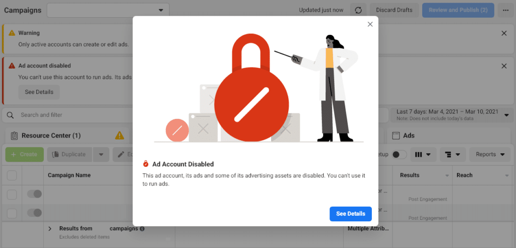 facebook ads account disabled message in ads manager