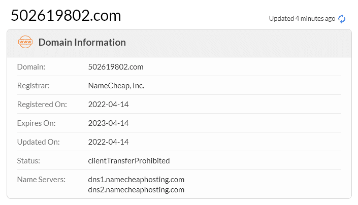 whois data for the domain 502619802.com used to scam Facebook users