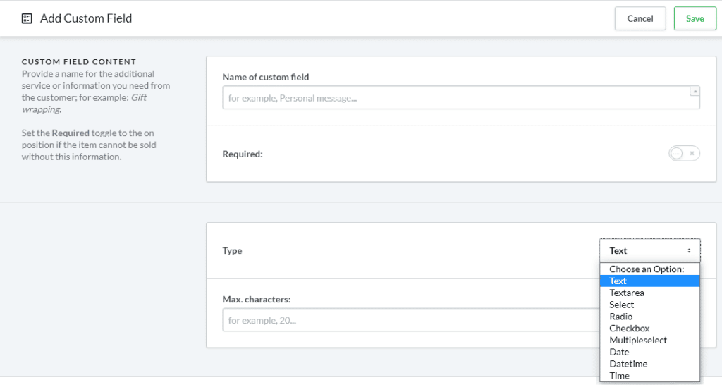 screenshot of the custom fields option for lightspeed ecommerce