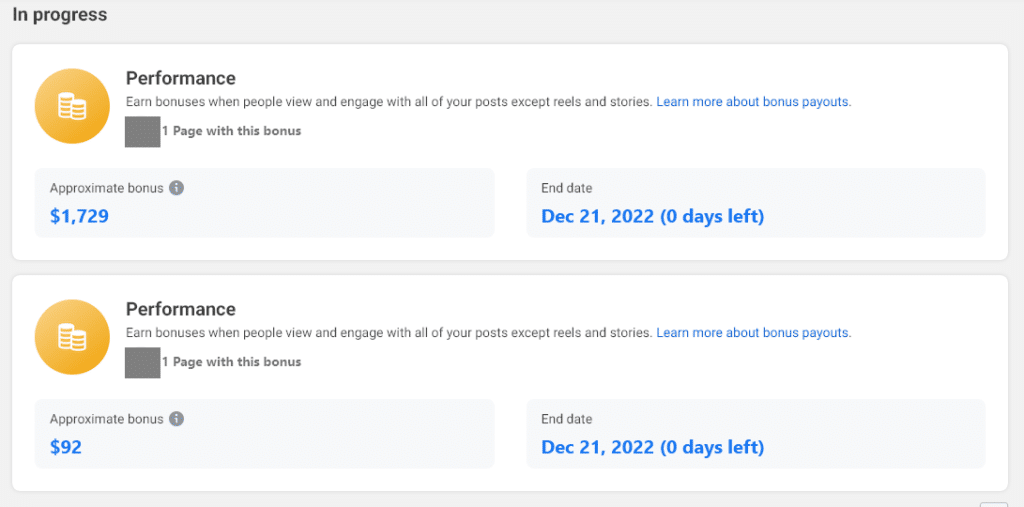 screenshot of facebook performance bonus payout estimates in creator studio