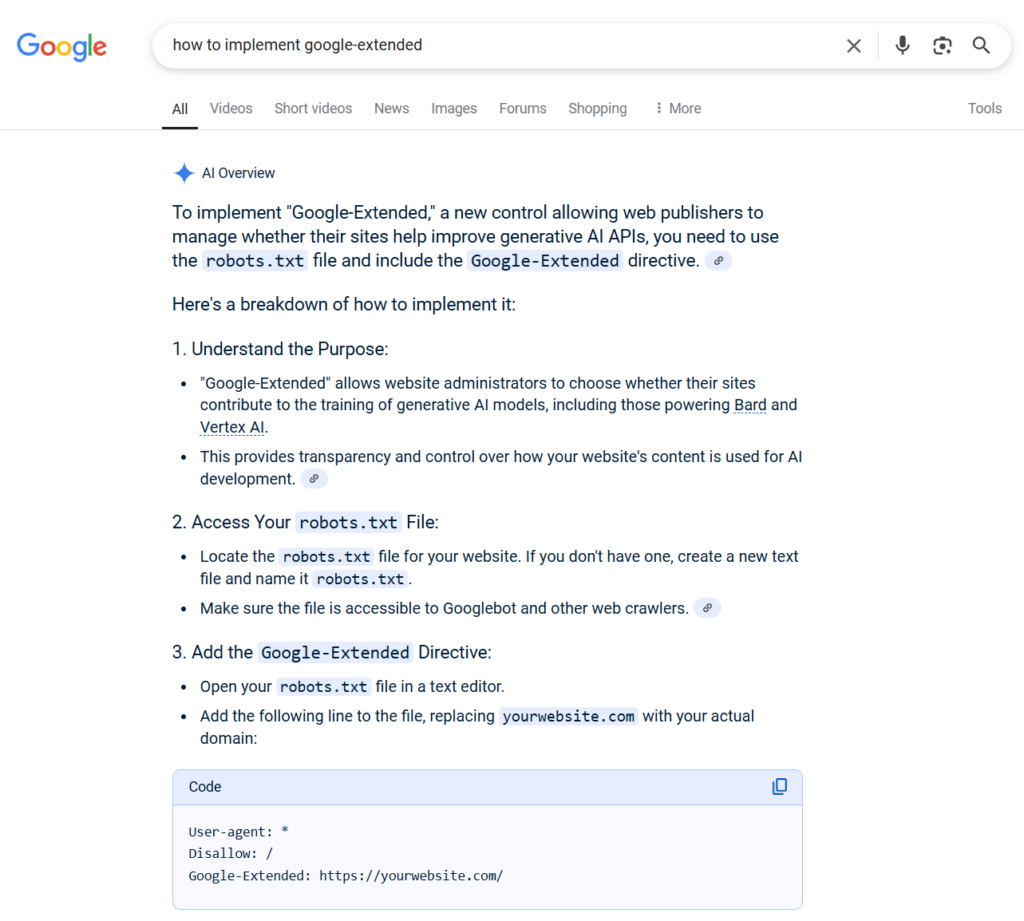 google ai overview about how to use google extended recommends blocking your entire site from google