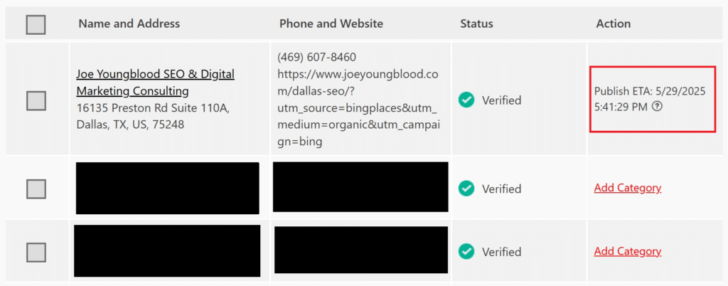 bing places eta to publish