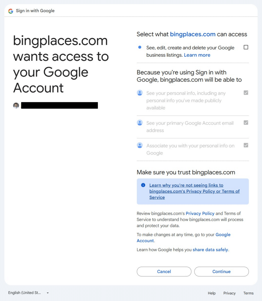 bing places google oauth permissions screen