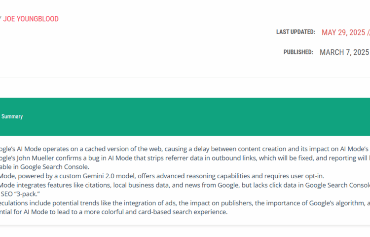 automated blog post summary in bullet point style on a blog post about google's ai mode created automatically using the chatgpt embeds plugin for wordpress