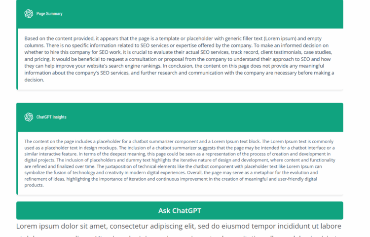 chatgpt embeds plugin test generation showing page summaries and insights on lorem ipsum text