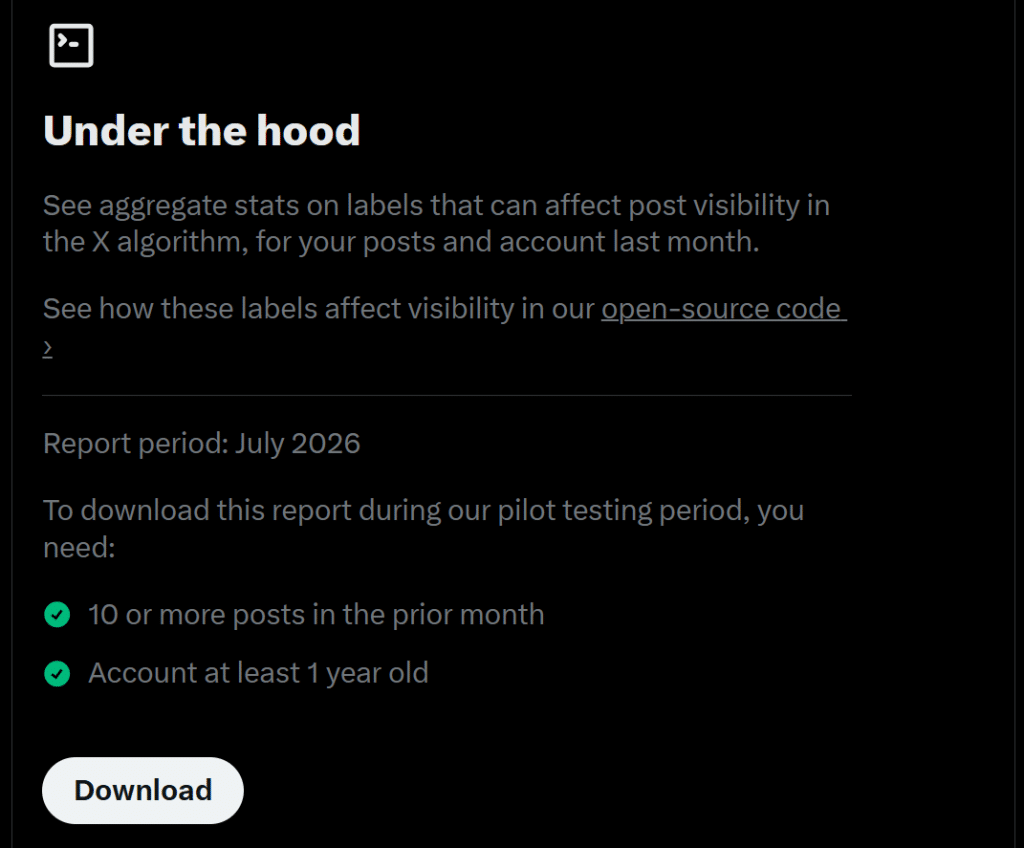 x.com's new 'under the hood' feature showing what 'for you feed' factors an account possesses